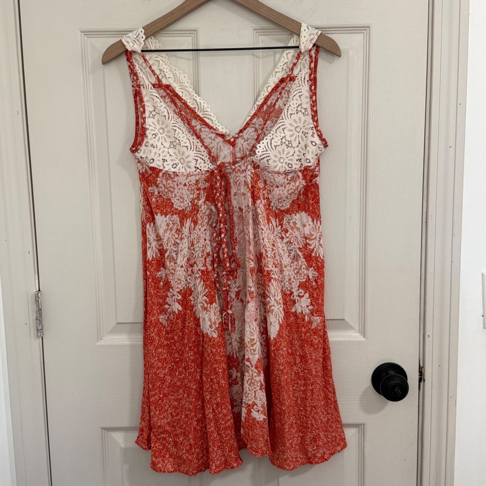 Intimately Free People Slip Dress Womens Small Orange Floral Lace Shabby Chic - Picture 6 of 12